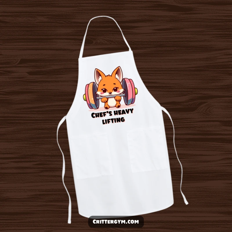 Funny fox apron with a curious fox peeking from behind a giant barbell, bringing fitness humor and charm to the kitchen.