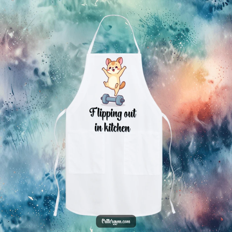 Funny handstand animal apron showing a small creature in a handstand on a tiny dumbbell, ideal for kitchen protection and laughs.
