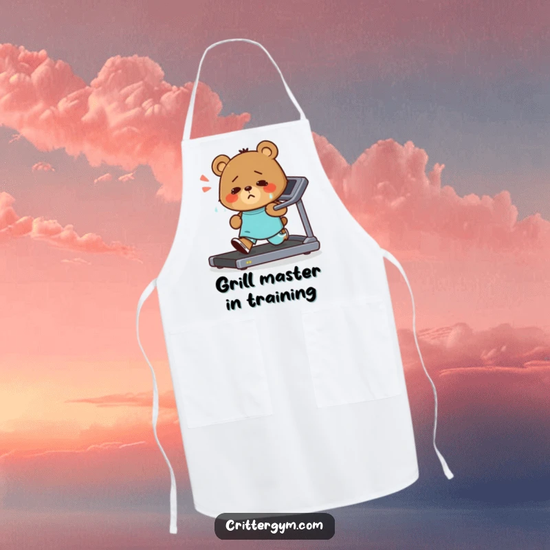 Funny apron showing a small bear character running vigorously on a treadmill with a determined smile, sweating happily, ideal for a humorous cooking experience.