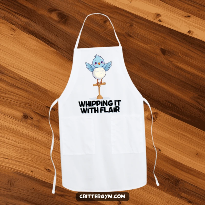 Funny blue bird performing a ballet pose on a balance beam, wearing a chef's apron with grace.