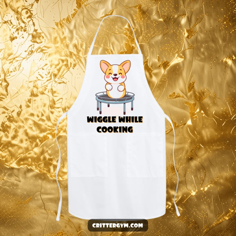 Funny apron showcasing a happy corgi bouncing on a miniature trampoline, perfect for adding humor to cooking and baking.