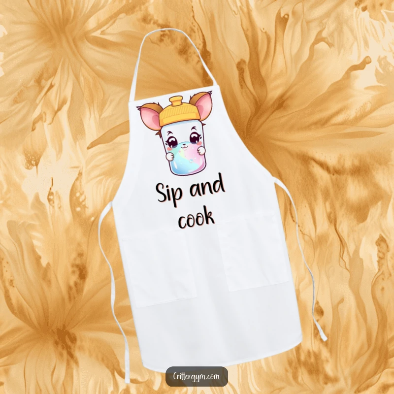 Funny creature apron featuring a curious creature with wide, amazed eyes peeking into a colorful water bottle, making cooking fun.