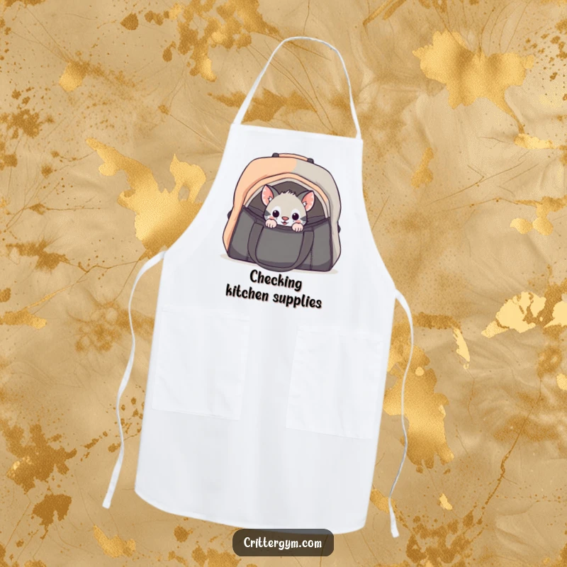 Funny curious critter gym bag apron showing a small animal cautiously peeking into a large bag, keeping clothes clean with humor.