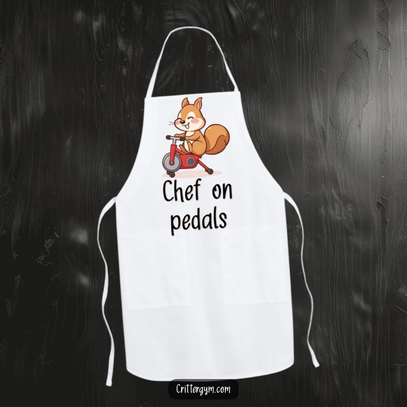 Funny apron, cute squirrel doing a leg kick on a tiny red exercise bike, kitchen humor.