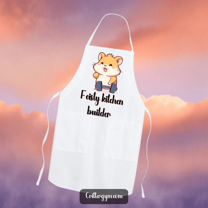 Funny energetic hamster character determinedly lifting a miniature dumbbell, on a functional kitchen apron, a great funny gift.