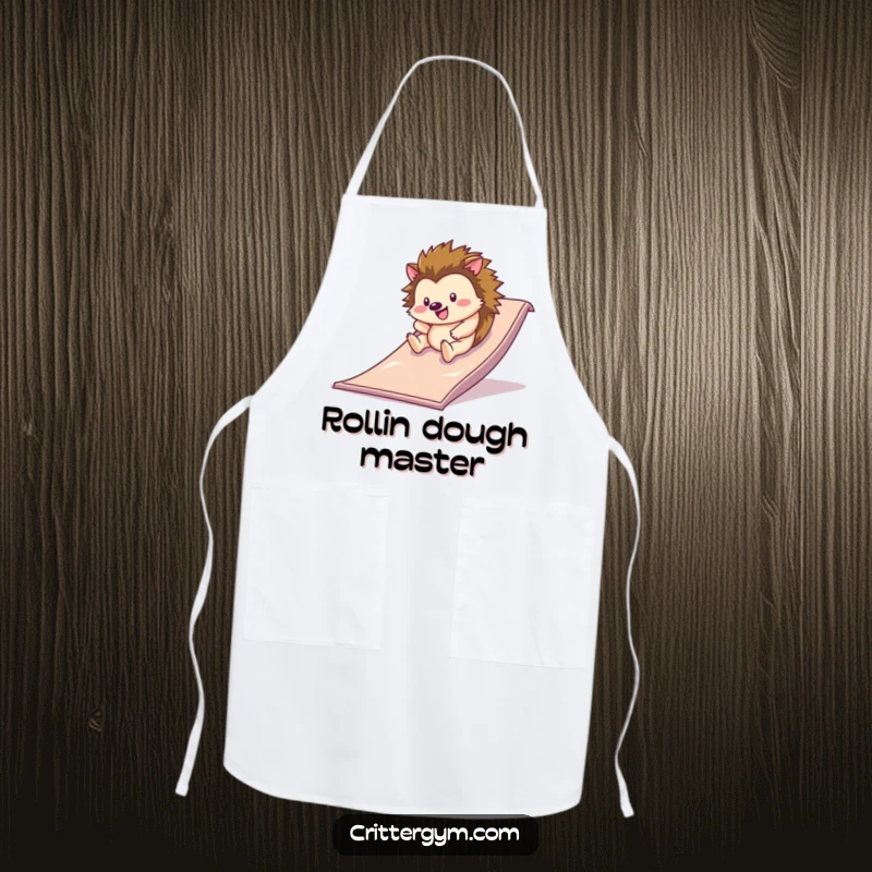 Funny apron with a happy hedgehog rolling down a slippery slide on a gym mat, perfect for kitchen activities with a humorous, joyful twist.