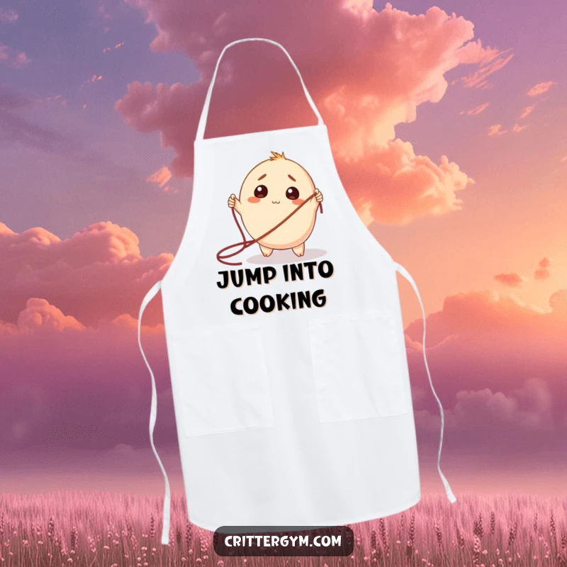 Funny Apron: A round creature looking endearingly baffled by a giant jump rope, a humorous cooking accessory.