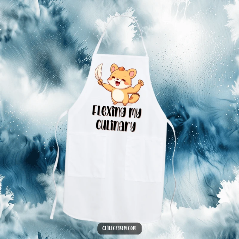 Funny Apron: A small animal character joyfully flexes a tiny, muscular arm after lifting a feather, humorously depicting kitchen strength.