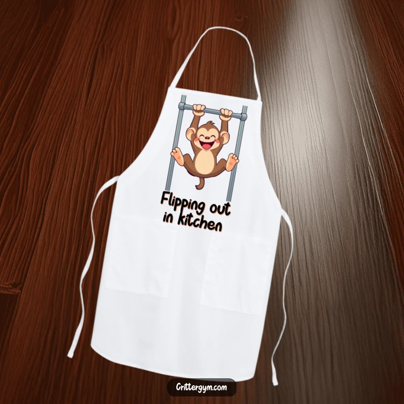 Funny monkey apron, a mischievous monkey hanging upside down from a pull-up bar, kitchen fun.