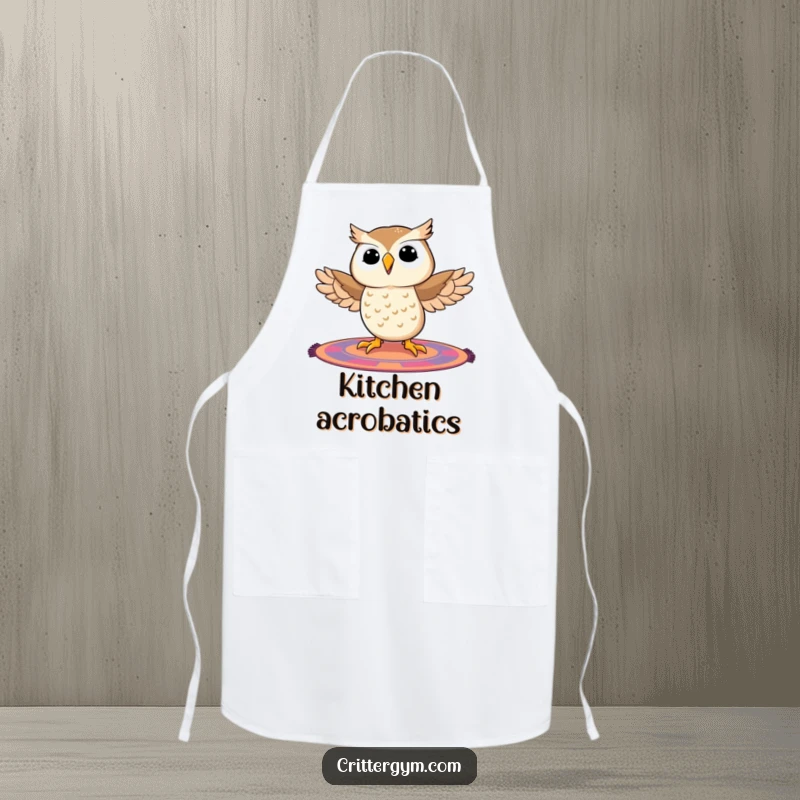 Funny owl apron with a beaming owl in a split pose over kitchen counters, ready to cook up a storm with comical grace.