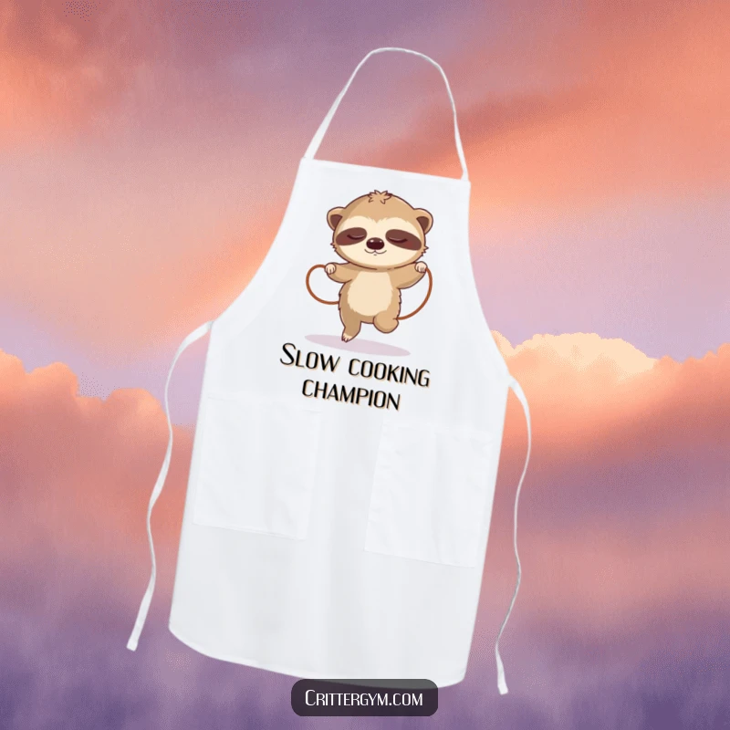 Funny sloth apron, showing a sleepy sloth attempting jump rope, a humorous kitchen accessory for slow cooks.