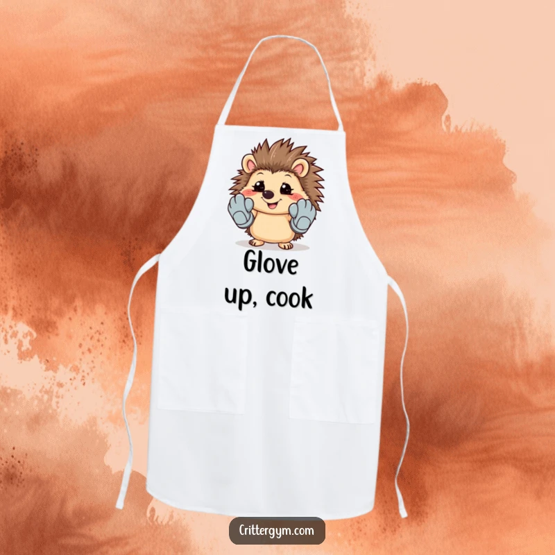 Funny cooking apron featuring a smiling hedgehog trying on cartoonish workout gloves, perfect for kitchen workouts.