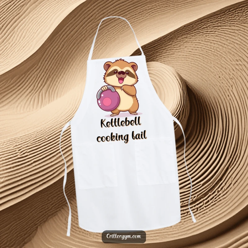 Funny kawaii sloth character struggling with a kettlebell on a kitchen apron, a great funny gift.