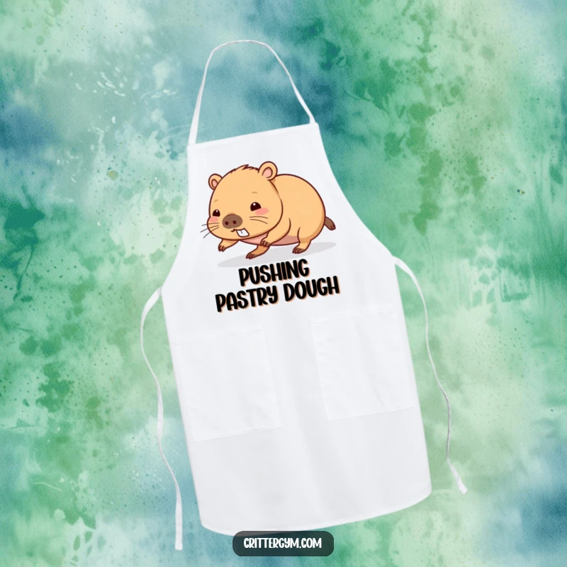 Funny kawaii capybara character doing a push-up on a kitchen apron, a great funny gift.