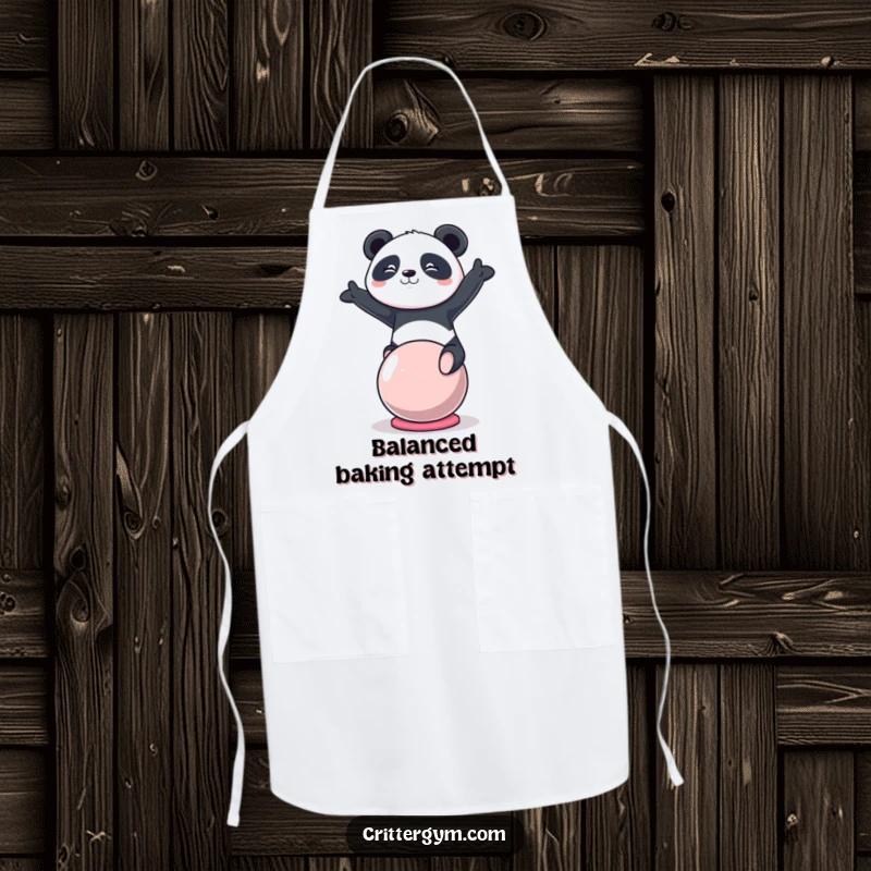 Funny kawaii panda character balancing on a yoga ball, on a kitchen apron, a great funny gift.