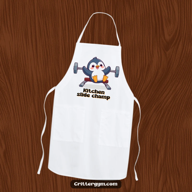 Funny apron featuring a silly penguin joyfully sliding down a weight bench, bringing humor to meal prep.