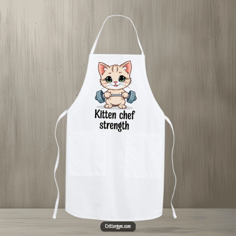 Funny apron with a proud kitten posing after lifting tiny weights, perfect for kitchen workouts and humorous cooking.