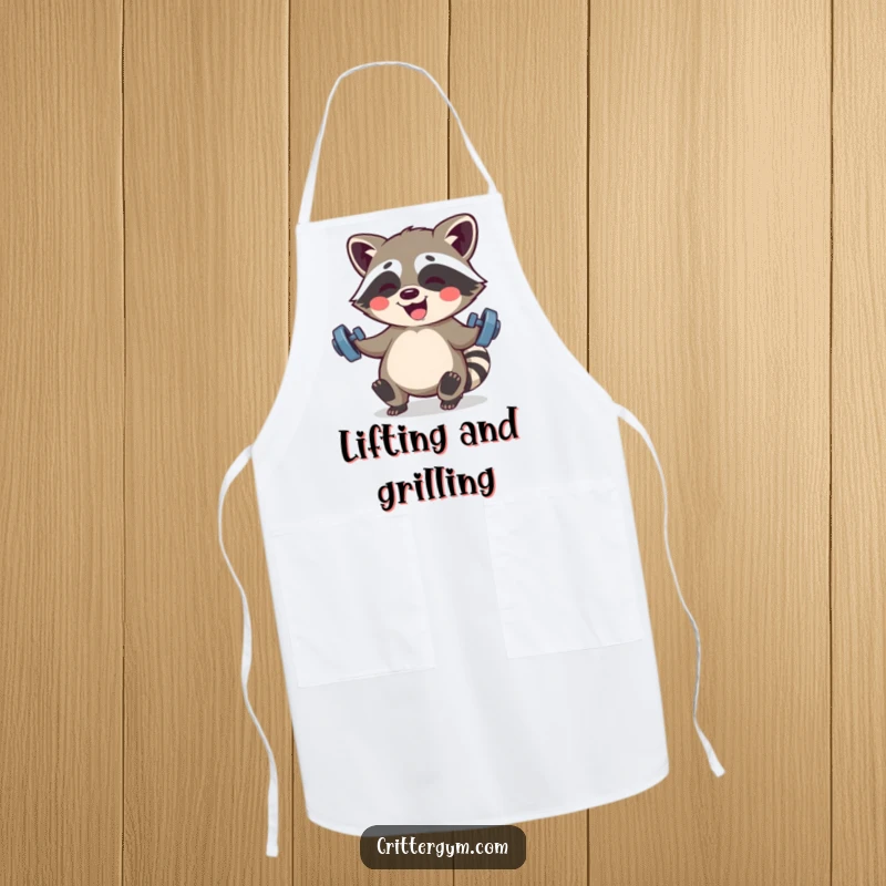 Funny Kawaii raccoon giggling while lifting small barbells while wearing this apron, bringing humorous strength to the kitchen.