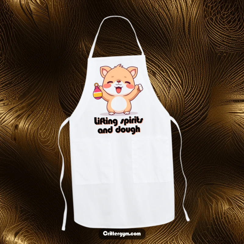 Funny Apron: A cute creature cheering while holding a tiny, colorful weight, a humorous cooking accessory.