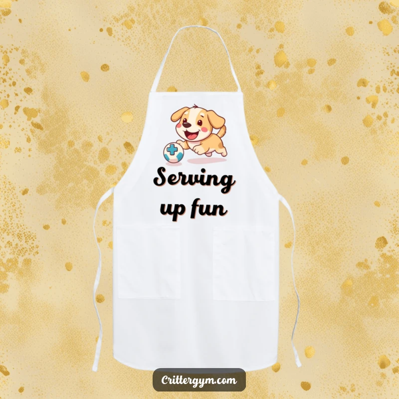 Funny Dog Medicine Ball Apron: A happy dog chases a ball, a humorous apron for kitchen fun.