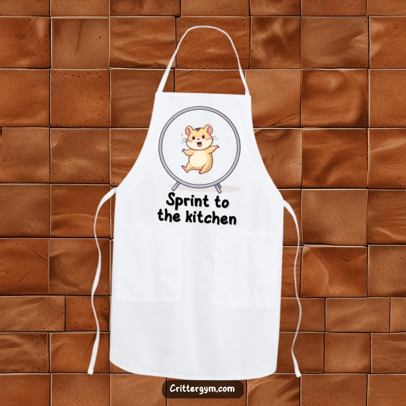Funny Apron: A small animal character in a blur of motion, running on a hamster wheel.