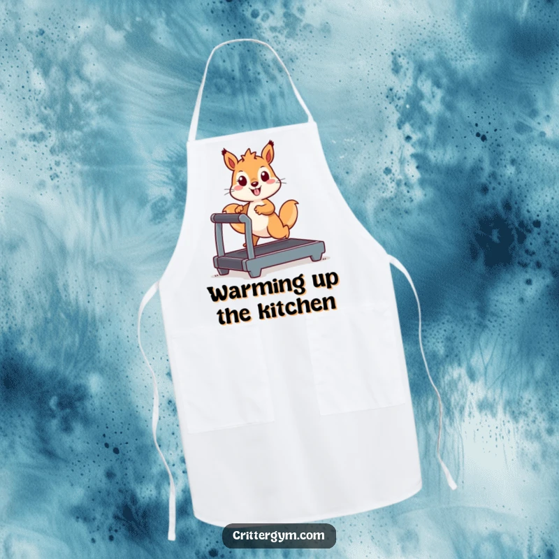 Funny Kawaii squirrel character running on a tiny treadmill, a humorous and practical apron for cooking enthusiasts.