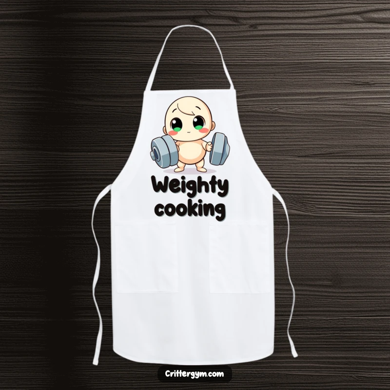 Funny apron, small round character trying to lift a huge dumbbell, kitchen humor.