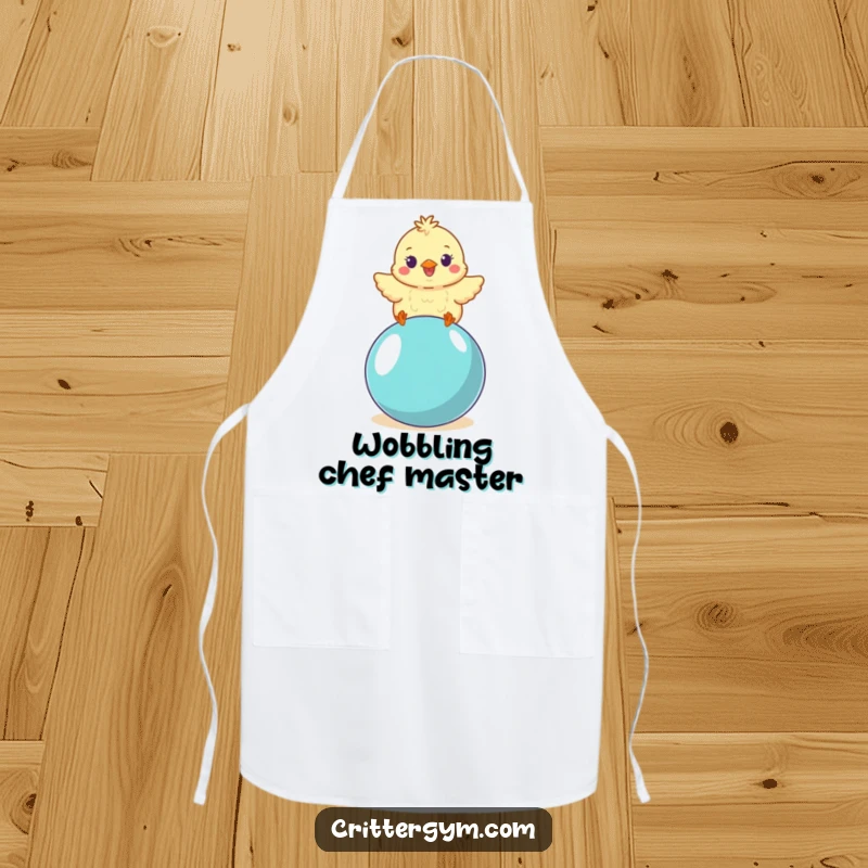 Funny small fluffy chick character wobbling on a yoga ball, on a functional kitchen apron, a great funny gift.