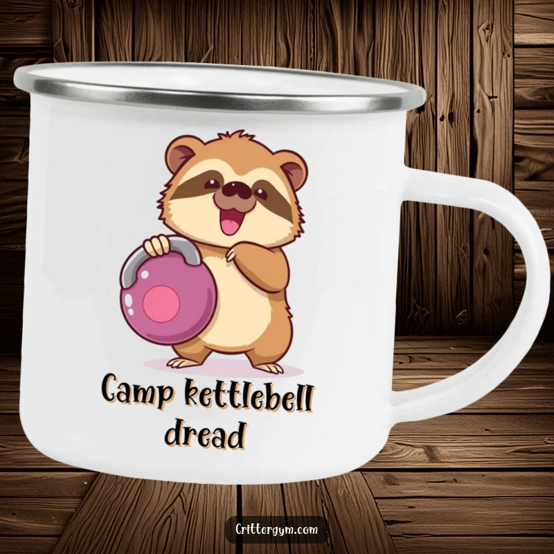 Funny kawaii sloth character struggling with a kettlebell on a durable camping mug, great for outdoor funny gift.