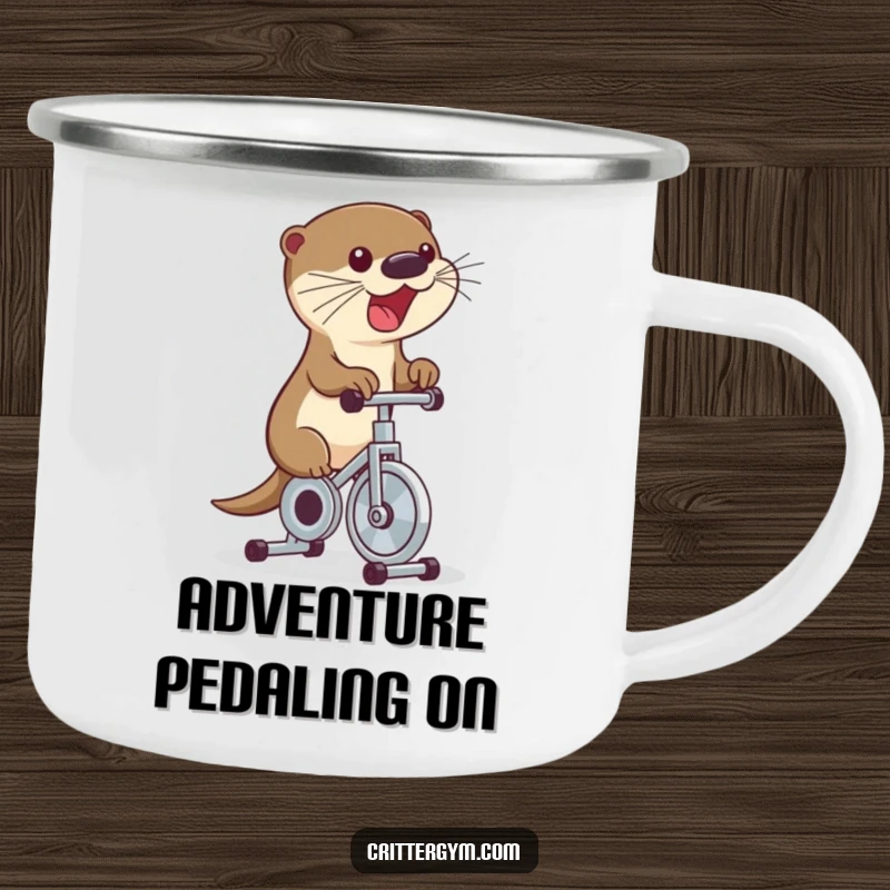 Funny camping mug with a cute otter excitedly riding a tiny exercise bike, pedaling rapidly, for humorous outdoor enjoyment.