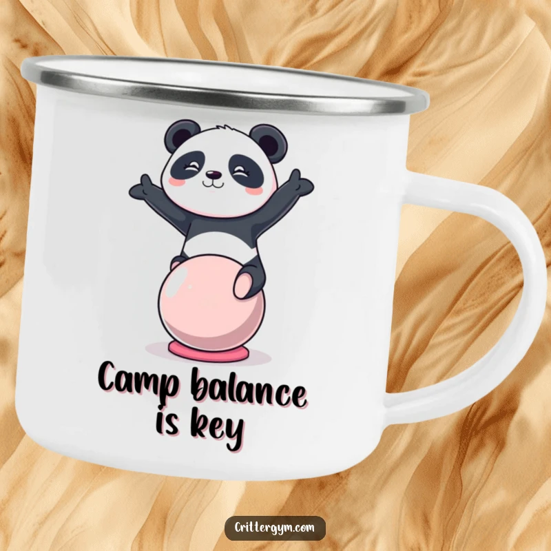 Funny kawaii panda character balancing on a yoga ball on a durable camping mug, great for outdoor funny gift.