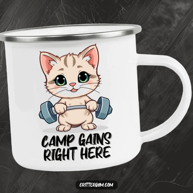 Funny camping mug showing a proud kitten posing with tiny weights, ready for outdoor adventures and humorous campsite moments.