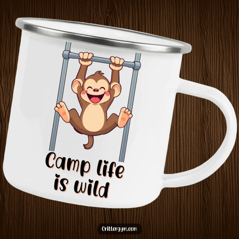 Funny monkey camping mug, a mischievous monkey hanging upside down from a pull-up bar, for outdoor fun.