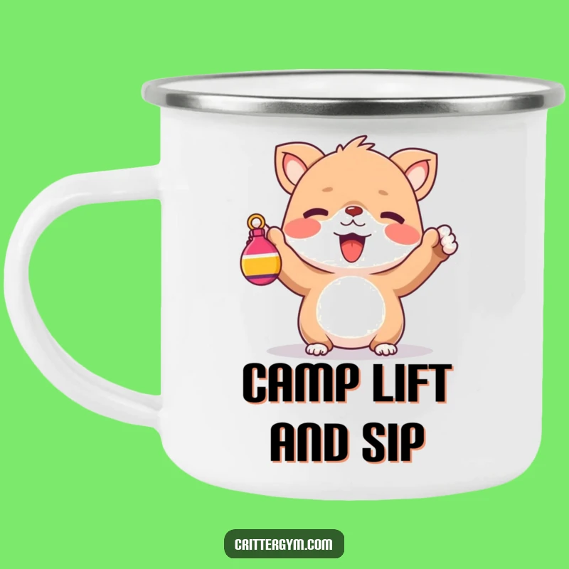 Funny Outdoor Mug: Cheerful Creature Lifting Weight, Adventure-Ready Camp Gift