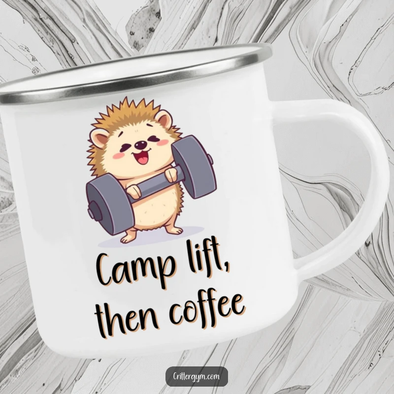 Funny determined hedgehog camping mug lifting a huge dumbbell, showing effort and happiness, perfect for outdoor workouts, great for a gift.