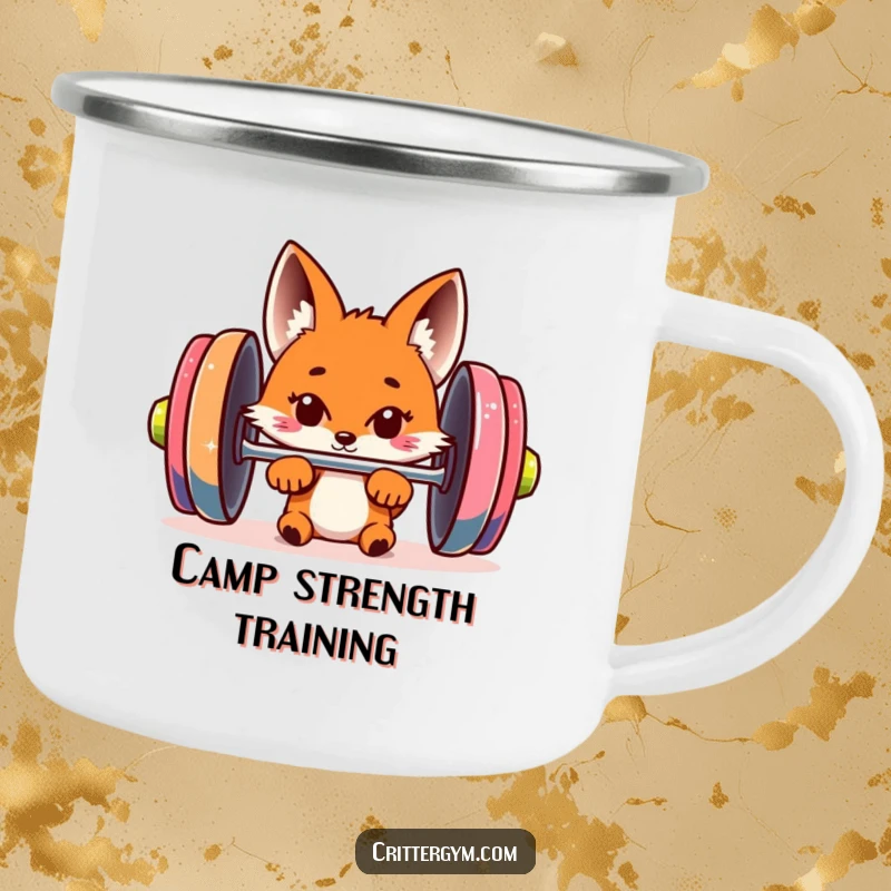 Funny fox camping mug with a curious fox peeking from behind a giant barbell, great for outdoor adventures and fitness humor.