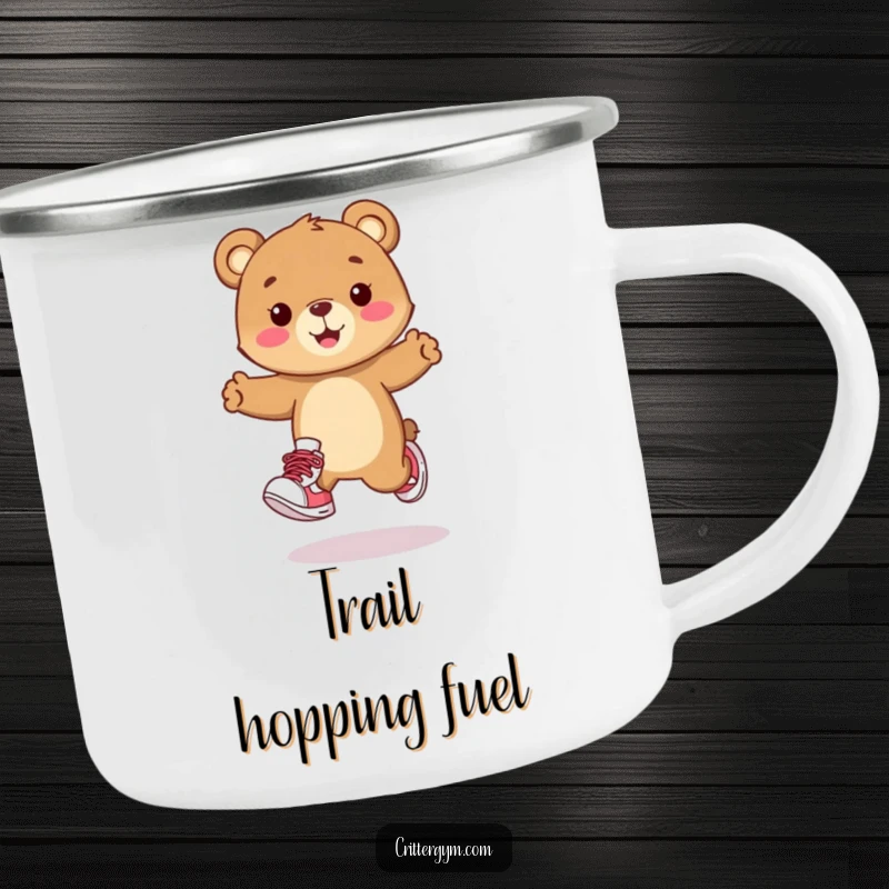 Funny camping mug with a happy bear cub character wearing sneakers and doing a playful hop. Ideal for outdoor enthusiasts.