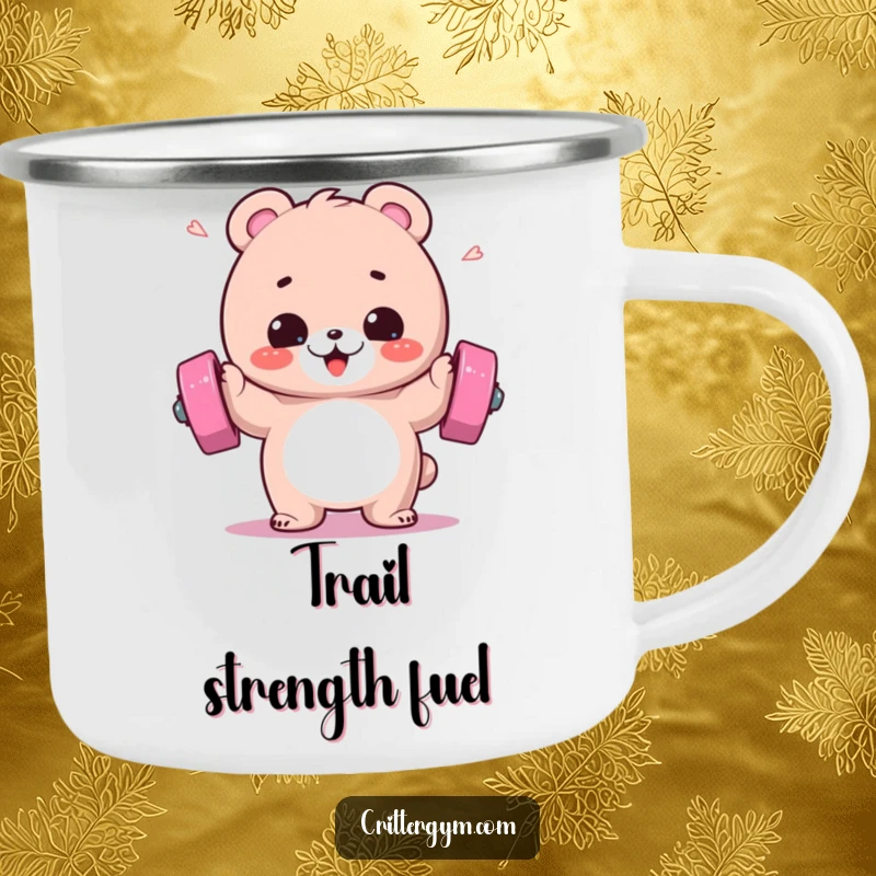 Funny camping mug featuring a fluffy bear gleefully lifting a barbell with sweat flying, perfect for outdoor workouts.