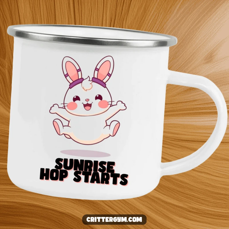 Funny cheerful round bunny wearing sweatbands, doing a cartwheel with a smile, on a robust camping mug, an excellent funny gift.
