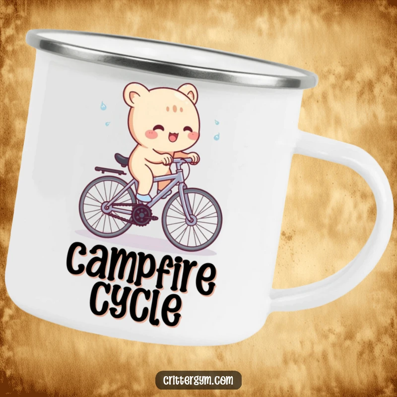 Funny Camping Mug: A cute creature gleefully pedals a miniature stationary bike, with sweat flying, humorously depicting outdoor effort.