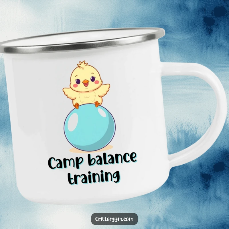 Funny small fluffy chick character wobbling with delight on a yoga ball, on a robust camping mug, an excellent funny gift.