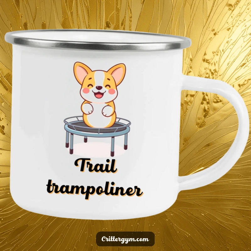 Funny camping mug with a happy corgi bouncing on a trampoline, designed for outdoor adventures and a dose of canine humor.