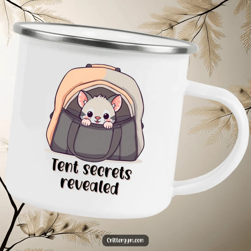Funny curious critter gym bag camping mug with a small creature cautiously peeking into a large bag, ideal for outdoor enthusiasts.