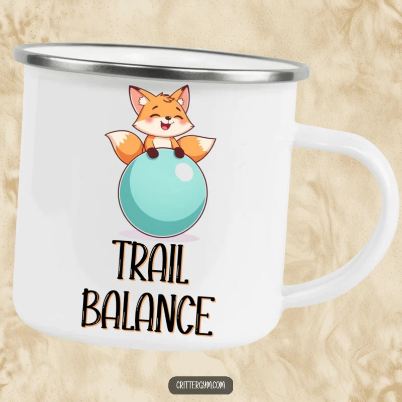 Funny fox balance camping mug with a playful fox character laughing while balancing on a large exercise ball, for active outdoor fun.