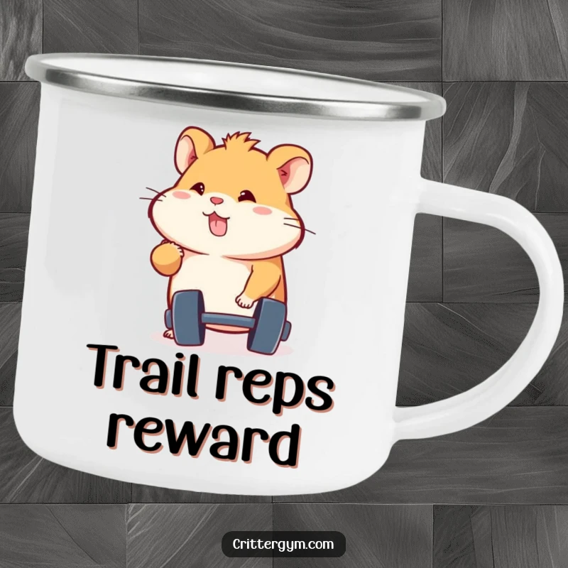 Funny energetic hamster character determinedly lifting a dumbbell, on a robust camping mug, an excellent funny gift.
