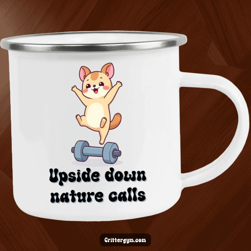 Funny handstand animal camping mug showing a small creature balancing on a tiny dumbbell, ideal for outdoor enthusiasts.