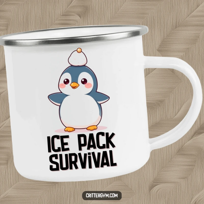 Funny Kawaii penguin character balancing a tiny weight on its head, a durable and humorous camping mug.