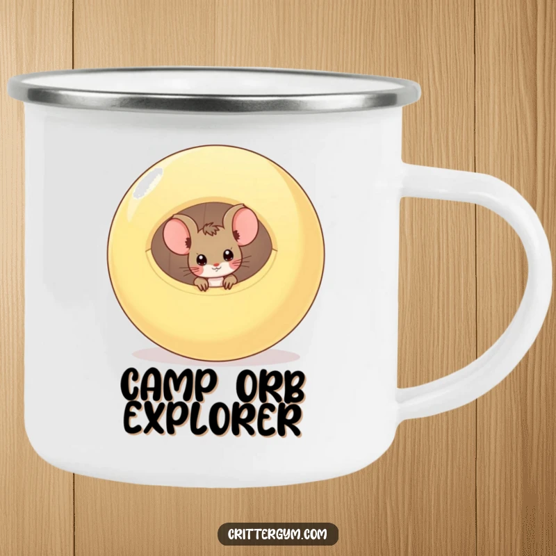 Funny camping mug showing a curious mouse peeking from a deflated exercise ball, ready for outdoor fun and humorous campsite moments.