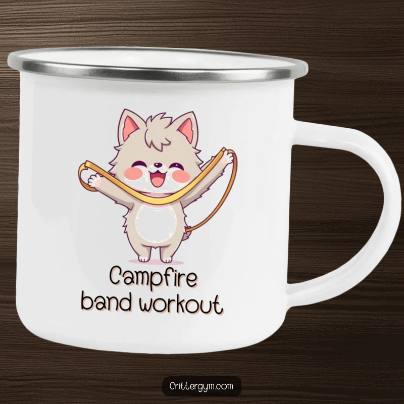 Funny Camping Mug: A furry character stretching with a resistance band, ideal for outdoor humor.