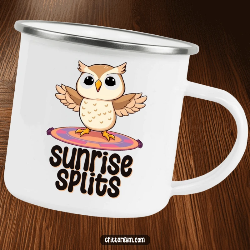 Funny owl camping mug depicting a proud owl in a split on a mat, ready for any adventure, adding humor to the great outdoors.